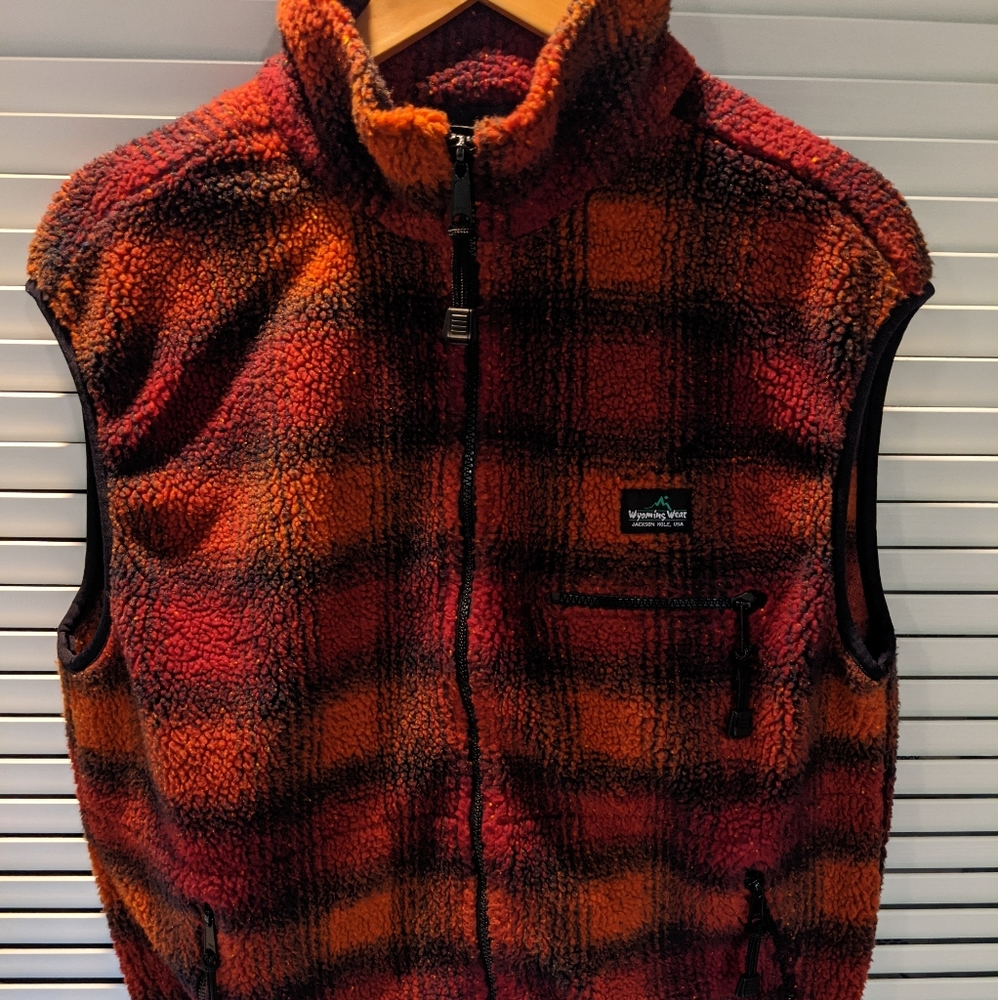 Vtg Wyoming Wear Fleece Vest M Rust Plaid